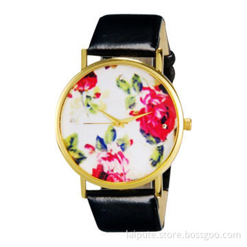 Fashionable Women's Platinum Analog Quartz Wrist Watch with Flower Pattern & PU Band (Black)